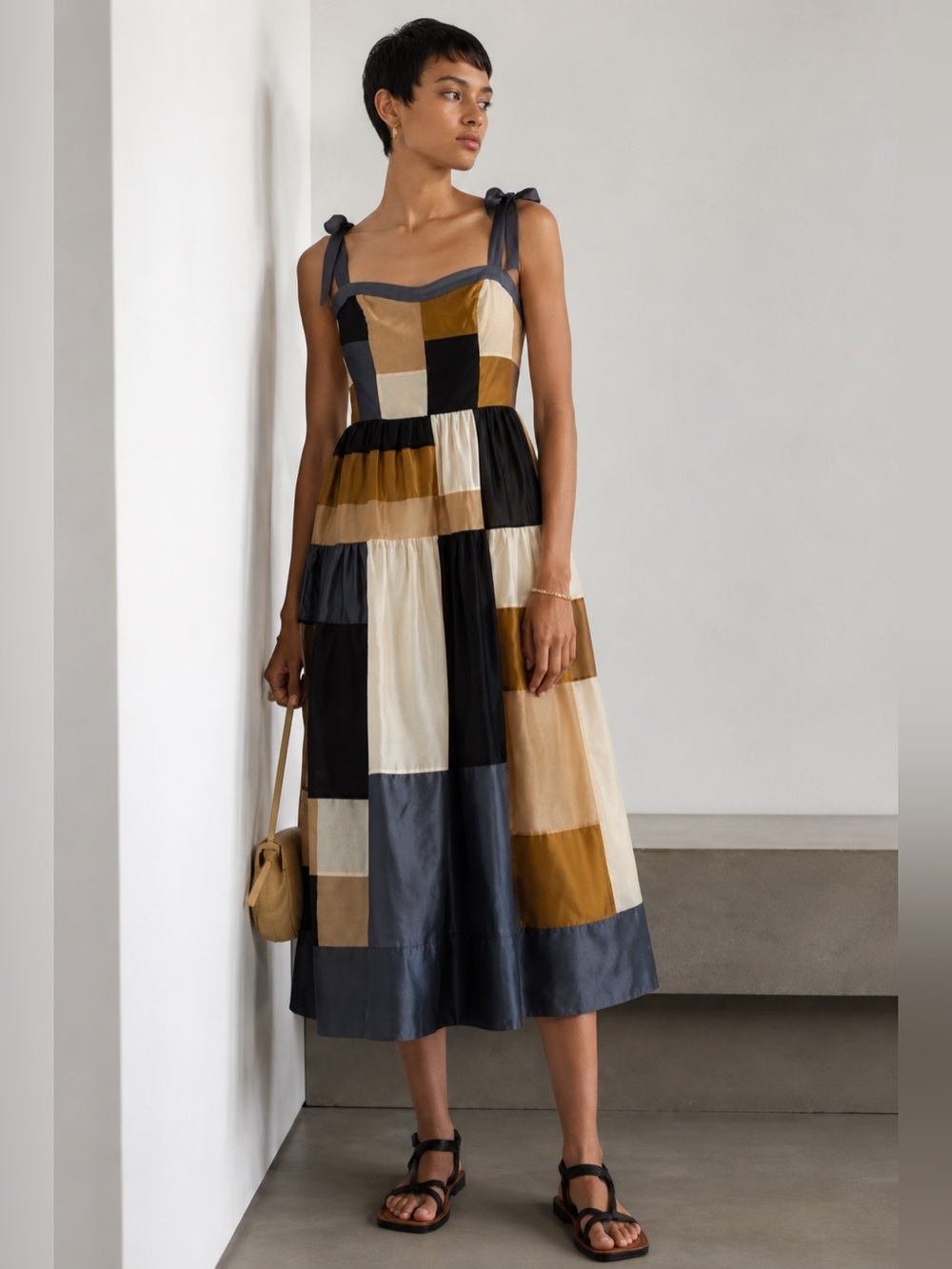 NEW Ulla Johnson Minerva Patchwork Midi Dress Blue Gold Sz 8 Editorial Soft Girl